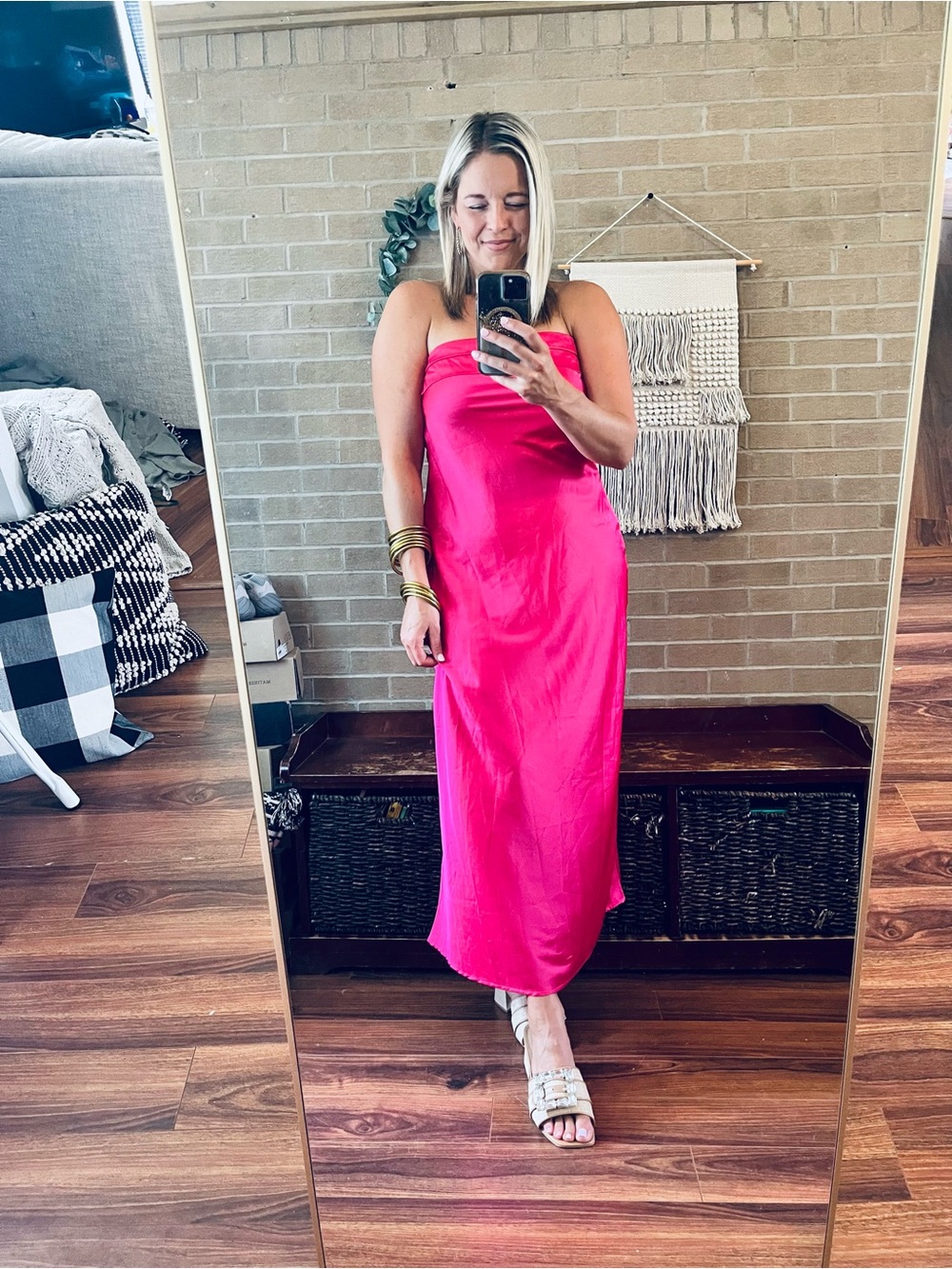 Strapless Hot Pink Satin Midi Dress
